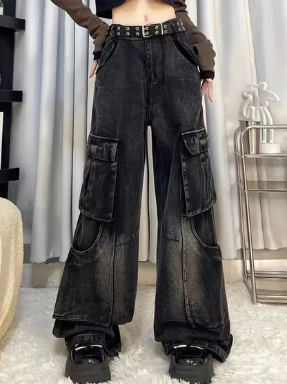Cralom Women's Cargo Vintage Jeans | High Waist Straight Wide Leg Denim