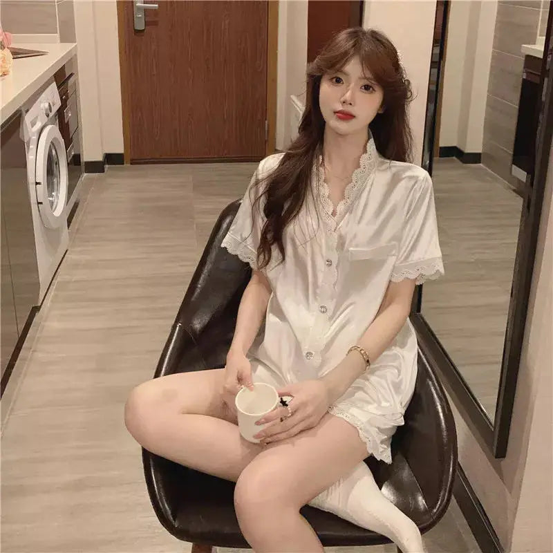 Cralom Summer Ice Silk Short Sleeve Cardigan - High-End Ins Style Home Wear