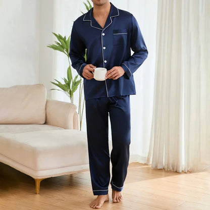 Cralom Men's Satin Pajama Set with Lapel Collar, Long Sleeve Tops & Pants
