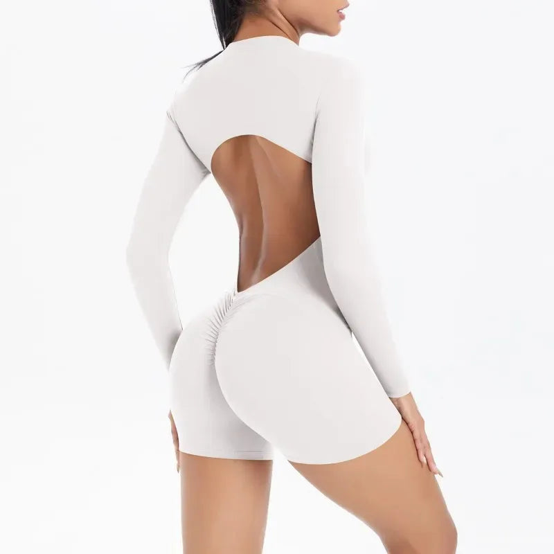 Cralom Seamless Yoga Bodysuit with Cut-Out Back, Half Zip & Peach Booty Lift
