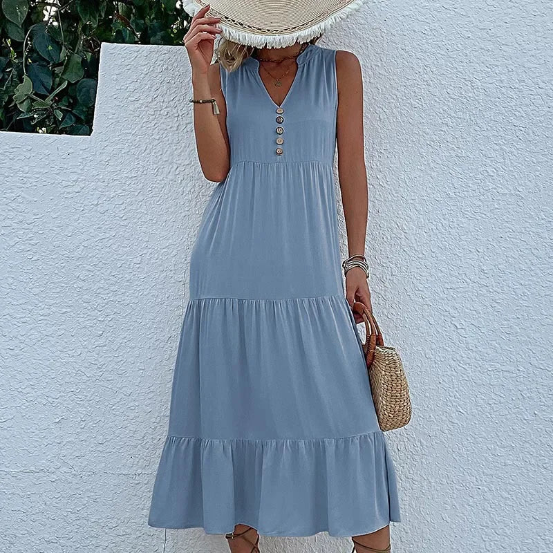 Cralom Women's Solid Color Loose A-Line Midi Dress - 2024 Summer Fashion