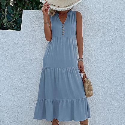 Cralom Women's Solid Color Loose A-Line Midi Dress - 2024 Summer Fashion