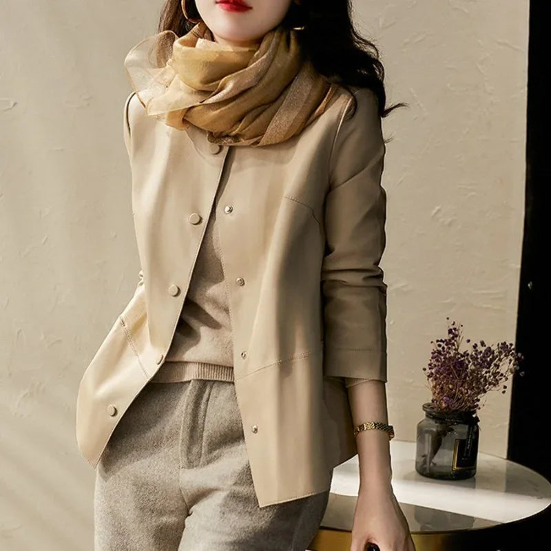 Cralom Women's High Quality Leather Bomber Jacket Fashion Coats