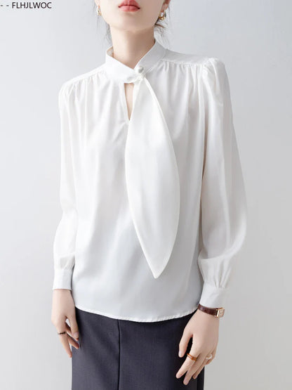 Cralom Elegant Long Sleeve Bow Tie Blouse for Women Office Chic White Shirt