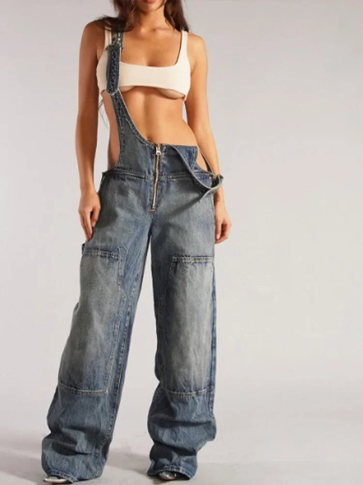 Cralom High Waist Backless Overalls Vintage Jeans - Trendy Y2k Style