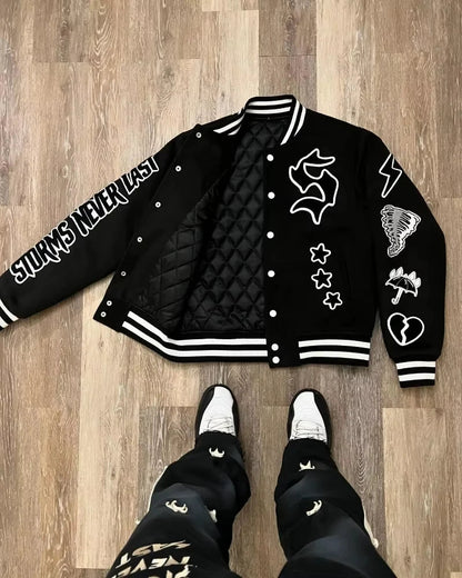 Cralom Geometric Letters Flocking Baseball Uniform Men Y2K Jacket