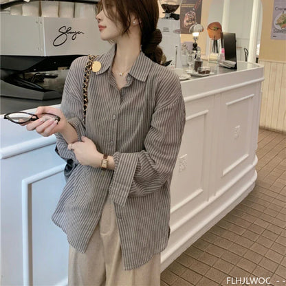 Cralom Striped Boyfriend Shirt: Lazy Korea Style Retro Loose Button Long Sleeve Blouse