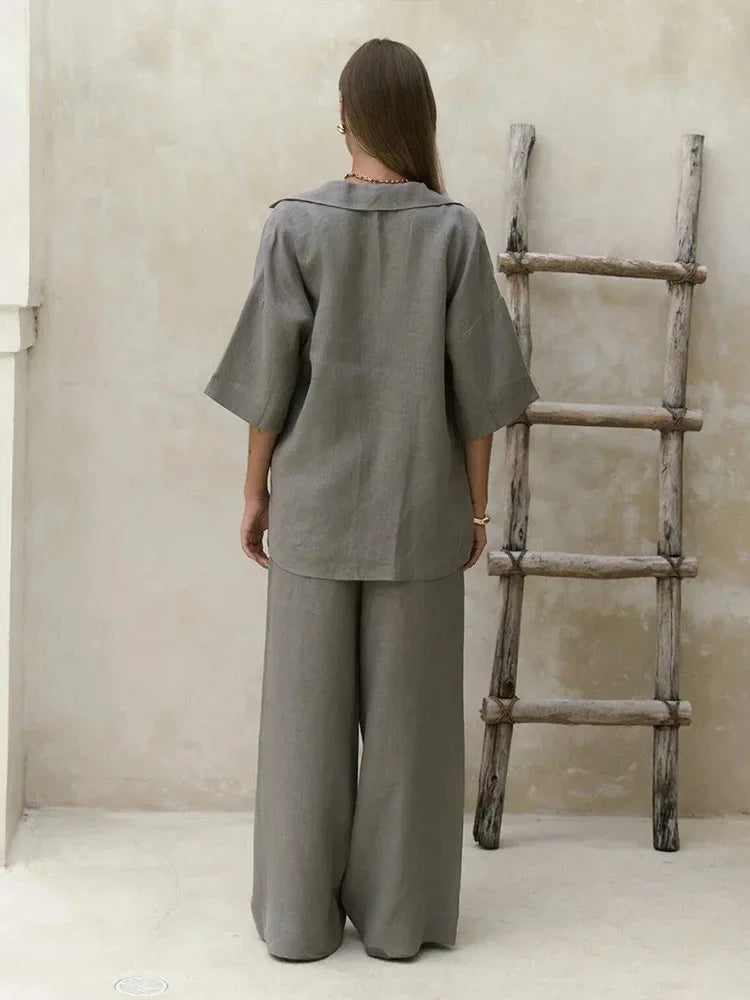 Cralom 2025 Summer Casual Cotton 2-Piece Set: Short-Sleeved Shirt & Loose Pants