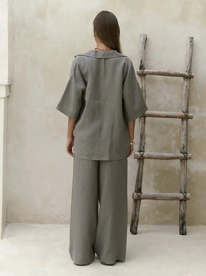 Cralom 2025 Summer Casual Cotton 2-Piece Set: Short-Sleeved Shirt & Loose Pants