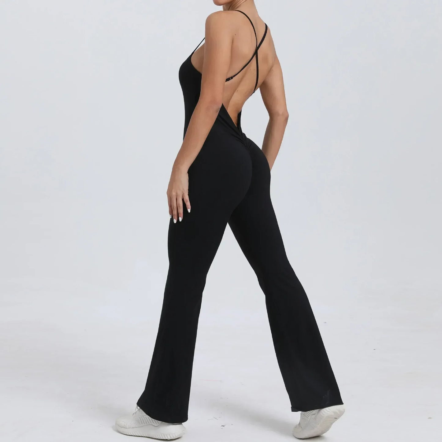 Cralom Cross Strap Yoga Jumpsuit - Flared Leg Fitness Suit