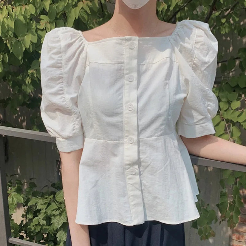 Cralom Sweet Square Neck Tops Blusas, Solid Colors, Single-Breasted Button White Shirts