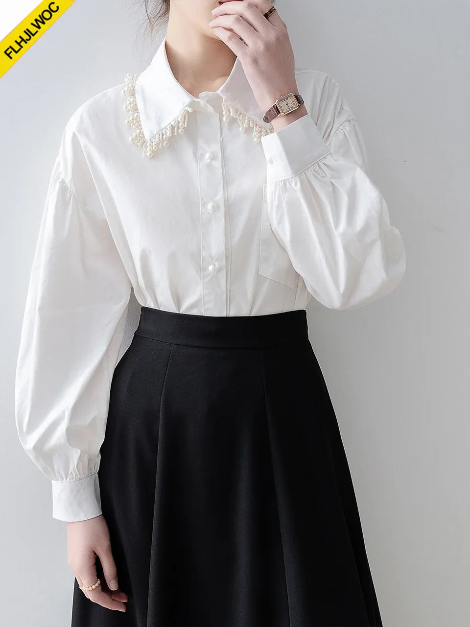 Cralom Ruffled White Blouse with Pockets & Beaded Detail