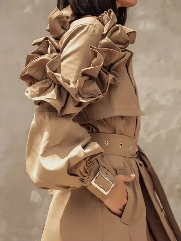 Cralom Belted Windcoat: Lapel Lantern Sleeve Trench Coats for Women