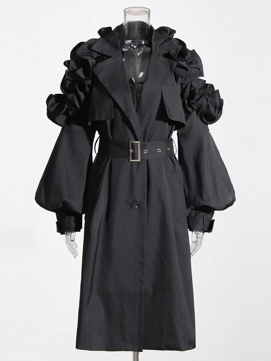 Cralom Belted Windcoat: Lapel Lantern Sleeve Trench Coats for Women
