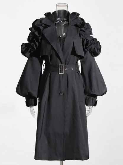 Cralom Belted Windcoat: Lapel Lantern Sleeve Trench Coats for Women