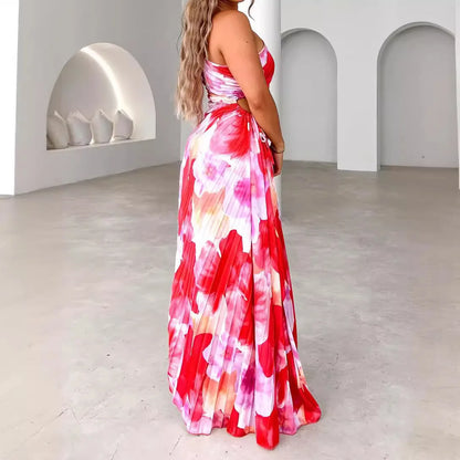 Cralom Lace Up Print Single Shoulder Dress