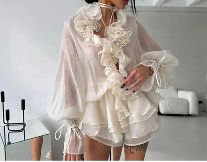 Cralom Summer Lady Suit: 3D Flower Cascading Ruffle V-Neck Shirt with Elastic Waist Shorts