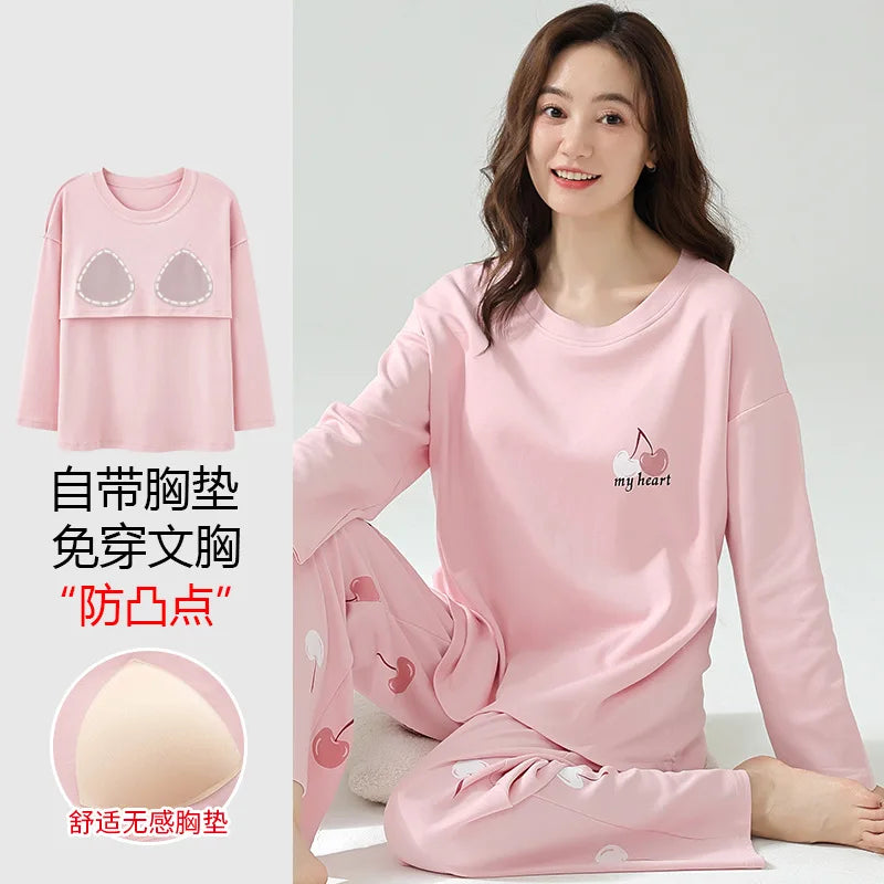 Cralom Cotton Pajama Set with Chest Pads, Long-sleeved Soft Sleepwear for Women