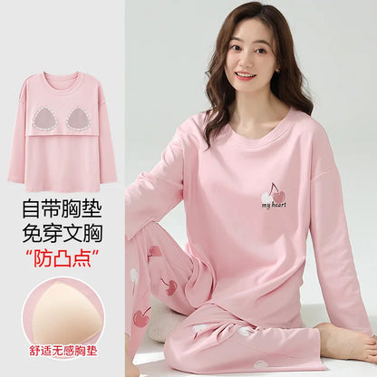 Cralom Cotton Pajama Set with Chest Pads, Long-sleeved Soft Sleepwear for Women