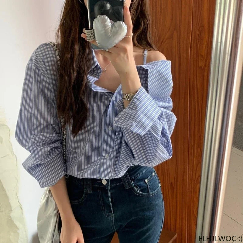 Cralom Off-Shoulder Striped Button Top: Chic, Sexy, and Casual Style