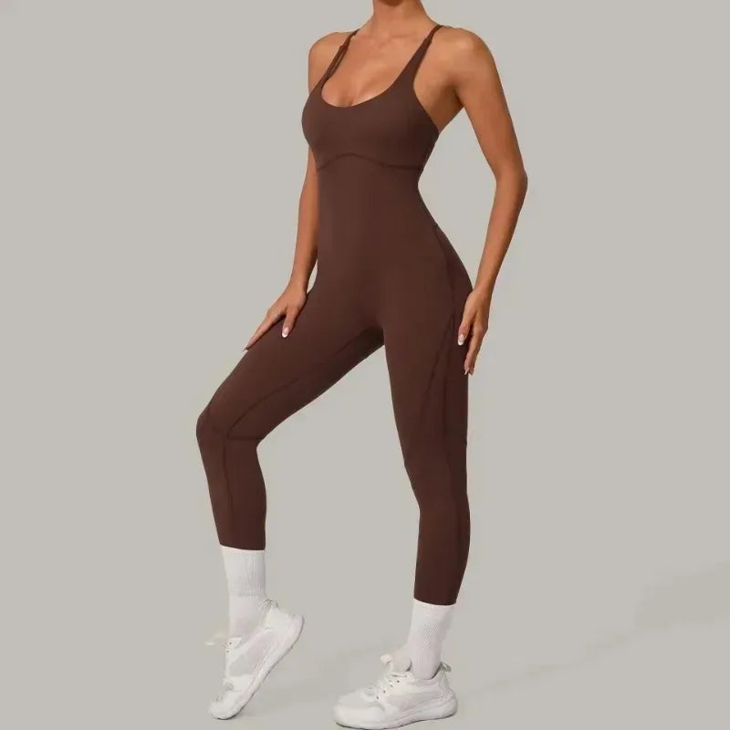 Cralom Seamless Cross Back Yoga Jumpsuit - Adjustable Straps, Butt Lifting