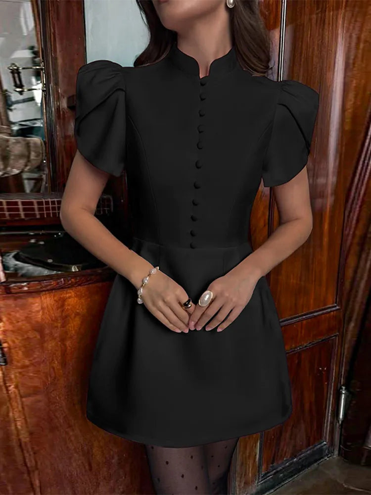 Cralom Elegant Button High Neck A-line Mini Dress for Women, 2025 Summer Commute Party