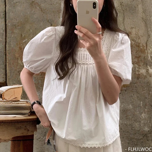 Cralom Japanese Style Square Neck Lace Blouse White Tops Women Summer