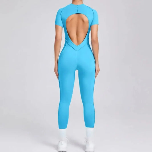 Cralom Seamless Yoga Jumpsuit Set for Women - Hip-lifting, Open Back, Short-sleeved