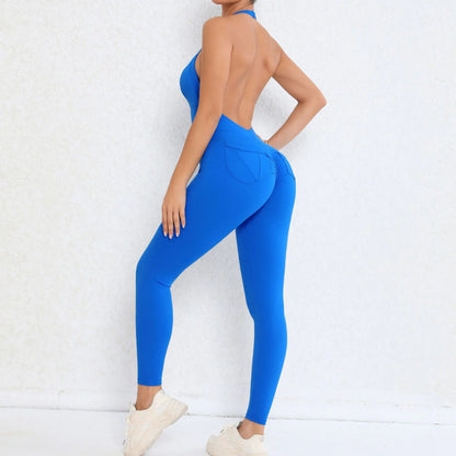 Cralom Seamless Yoga Jumpsuit Beauty Back Pocket Tight Bodysuit