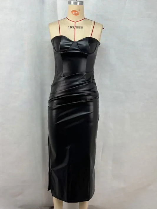 Cralom PU Leather Strapless Pleated Slit Dress - 2025 New Party Dresses