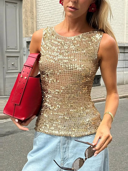 Cralom Sequined Sleeveless Tank Top - Sparkling O-Neck Clubwear Top
