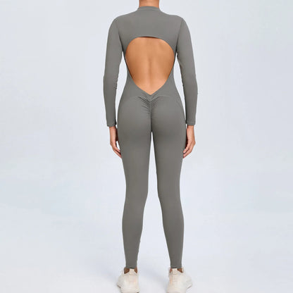 Cralom Seamless Long Sleeve Yoga Bodysuit with Back Cutout & Zipper