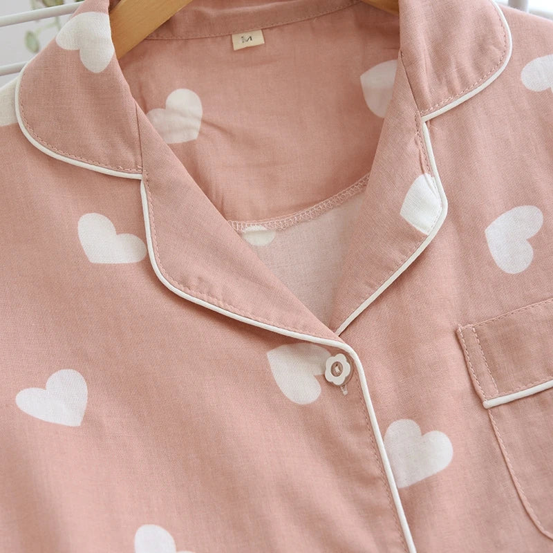 Cralom Heart Print Pajama Set Soft Breathable Fabric Comfortable Short Sleeve Button Top Matching Shorts