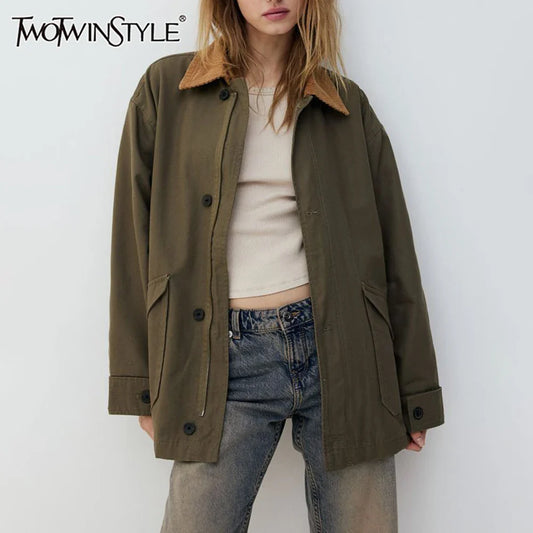 Cralom Solid Spliced Lapel Jacket with Pockets, Chic Minimalist Design