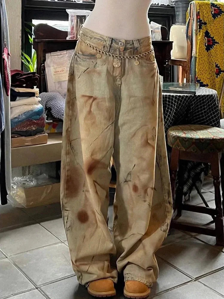 Cralom Vintage Tie Dye Wide Leg Denim Pants for Women