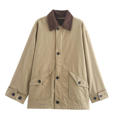 Cralom Solid Spliced Lapel Jacket with Pockets, Chic Minimalist Design