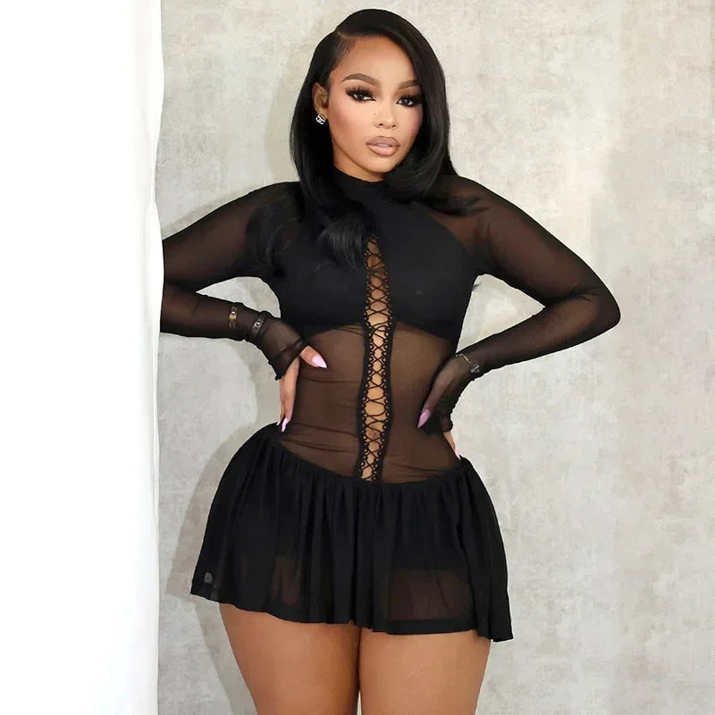 Cralom Long Sleeve Mesh Bodycon Mini Dress - Sexy Evening Night Club Style