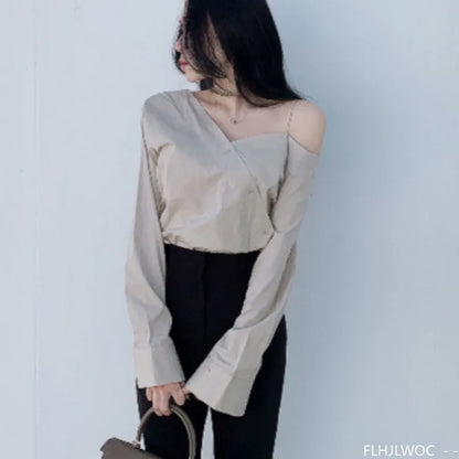 Cralom Button Blue One Shoulder Top: Office Chic Flare Sleeve Blouse