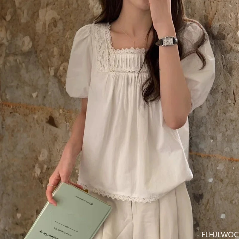 Cralom Japanese Style Square Neck Lace Blouse White Tops Women Summer