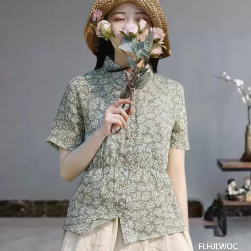 Cralom Vintage Floral Print Button Shirt Slim Waist Retro Design Women Summer Tops