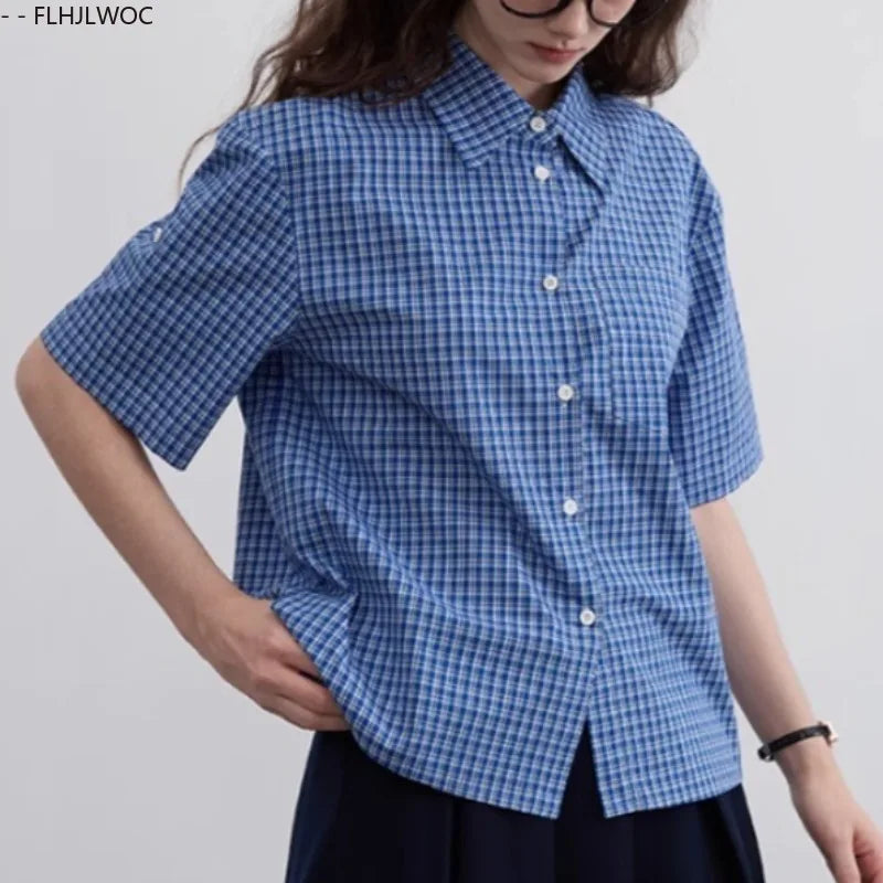 Cralom Blue Plaid Short Sleeve Button Top - Summer Preppy Style Girls Blouse