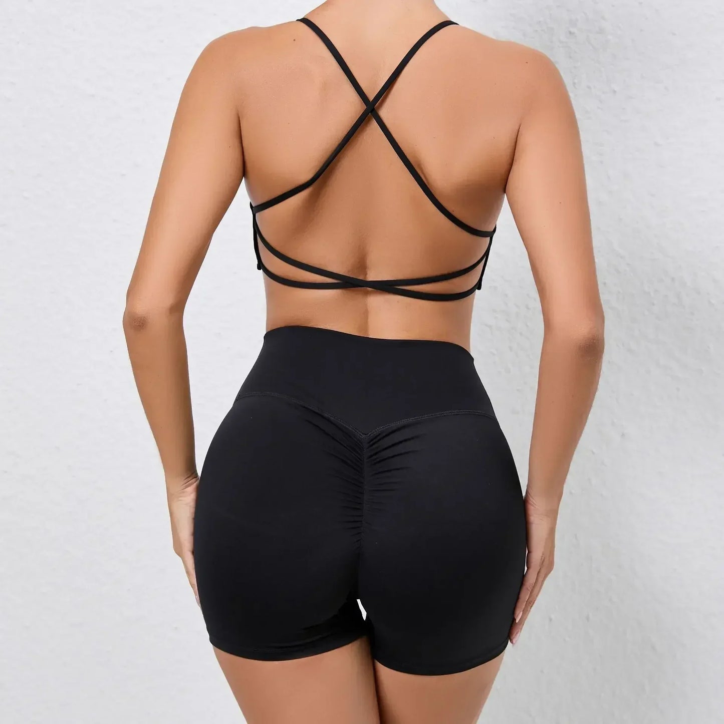 Cralom Yoga Sports Fitness Set: High Waist, Hip-lifting Shorts, Open Back Bra Gym Leggings