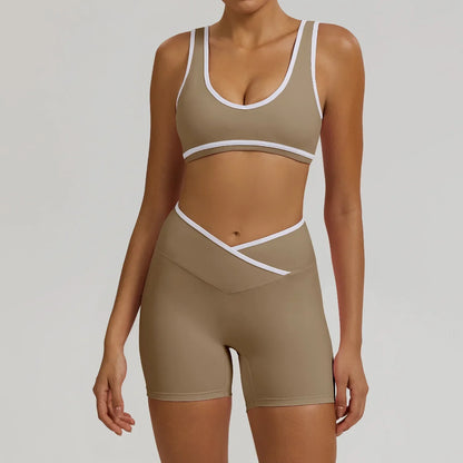 Cralom Seamless Yoga Set: Cross Waistband Butt Lifting Shorts & Sports Bra