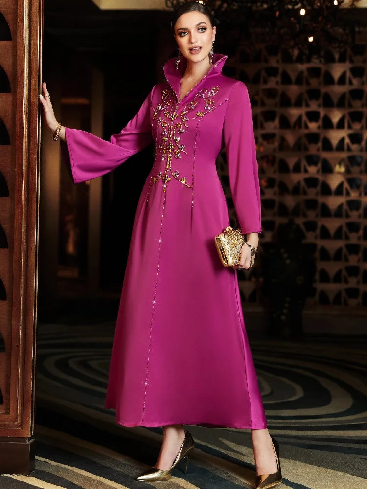 Ramadan Rose Red Abaya by Cralom - Elegant Muslim Evening Party Dress
