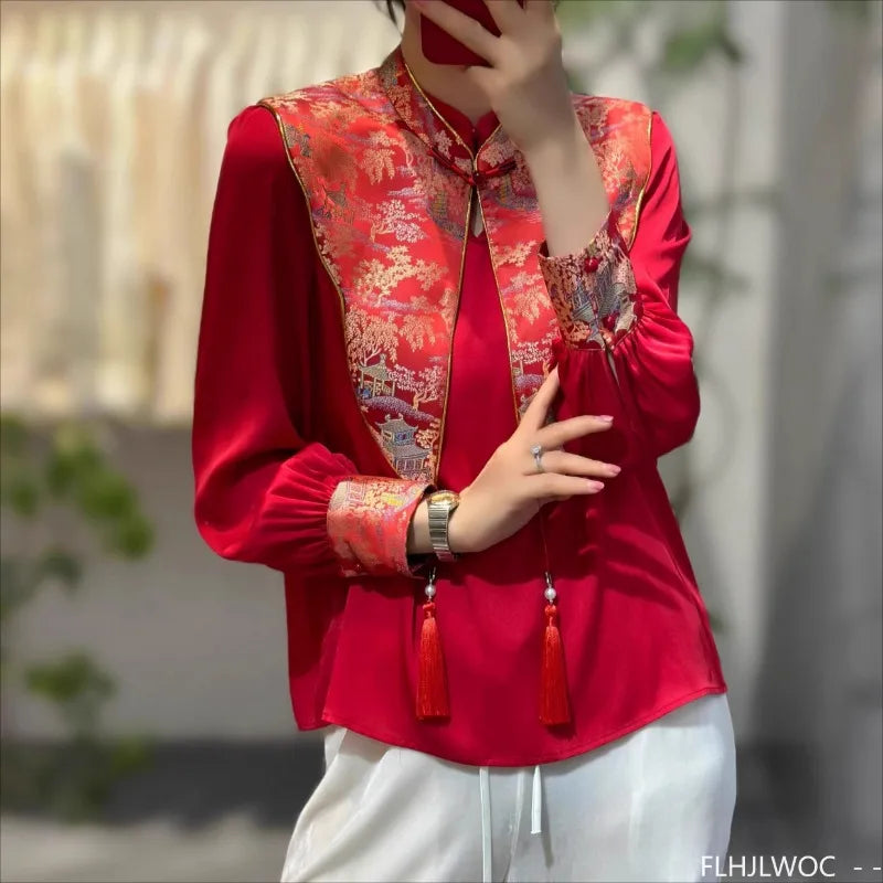 Cralom Red Chi-pao Collar Blouse 2024 Collection