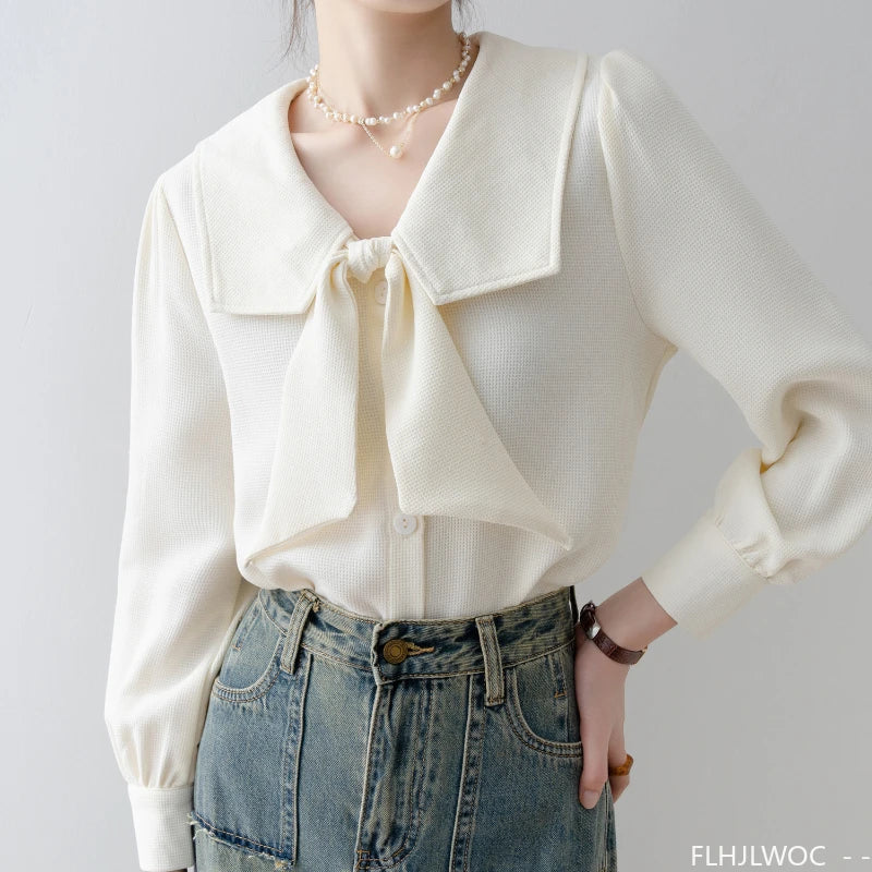 Cralom Sweet Ribbon Button Bow Tie Top for Women - Elegant Korean Style Blouse