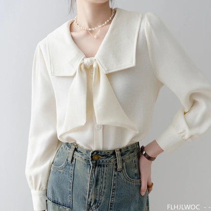 Cralom Sweet Ribbon Button Bow Tie Top for Women - Elegant Korean Style Blouse