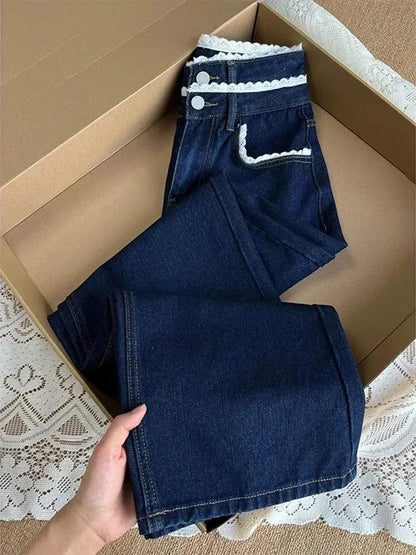 Cralom Vintage Blue Lace Spliced Straight Jeans Wide Leg Pants