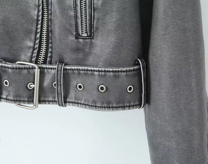 Cralom PU Leather Jacket with Zipper, Casual Lapel Motorcycle Coat for Women