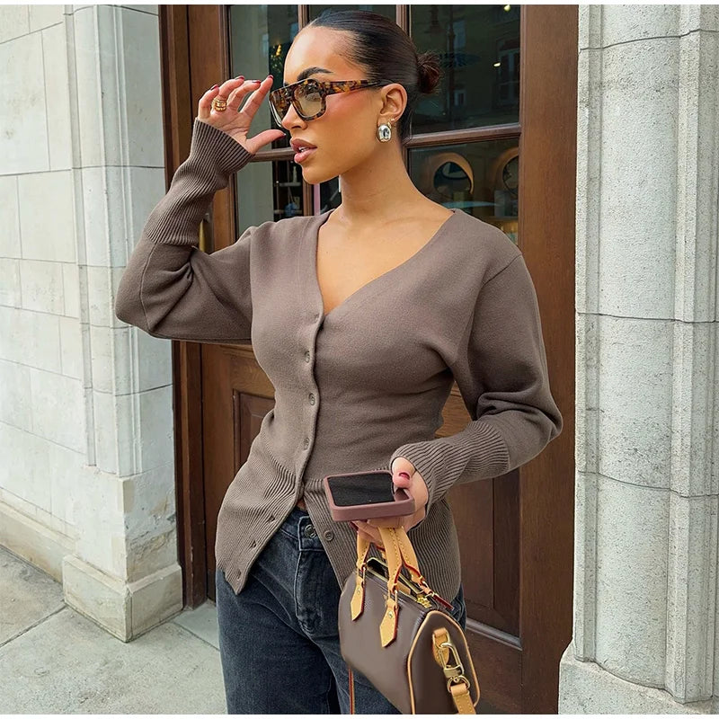 Cralom V Neck Button Down Cropped Sweater - 2024 Fashion New